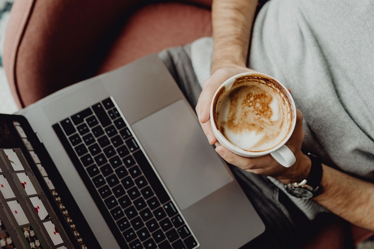 coffee, cup, computer, home, laptop, macbook, technology, office, business, designer, work, coffee cup, man, casual